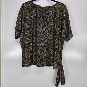 Michael Kors Ibina Tie Detail Textured Black Gold Silver Stars Blouse Small Goth